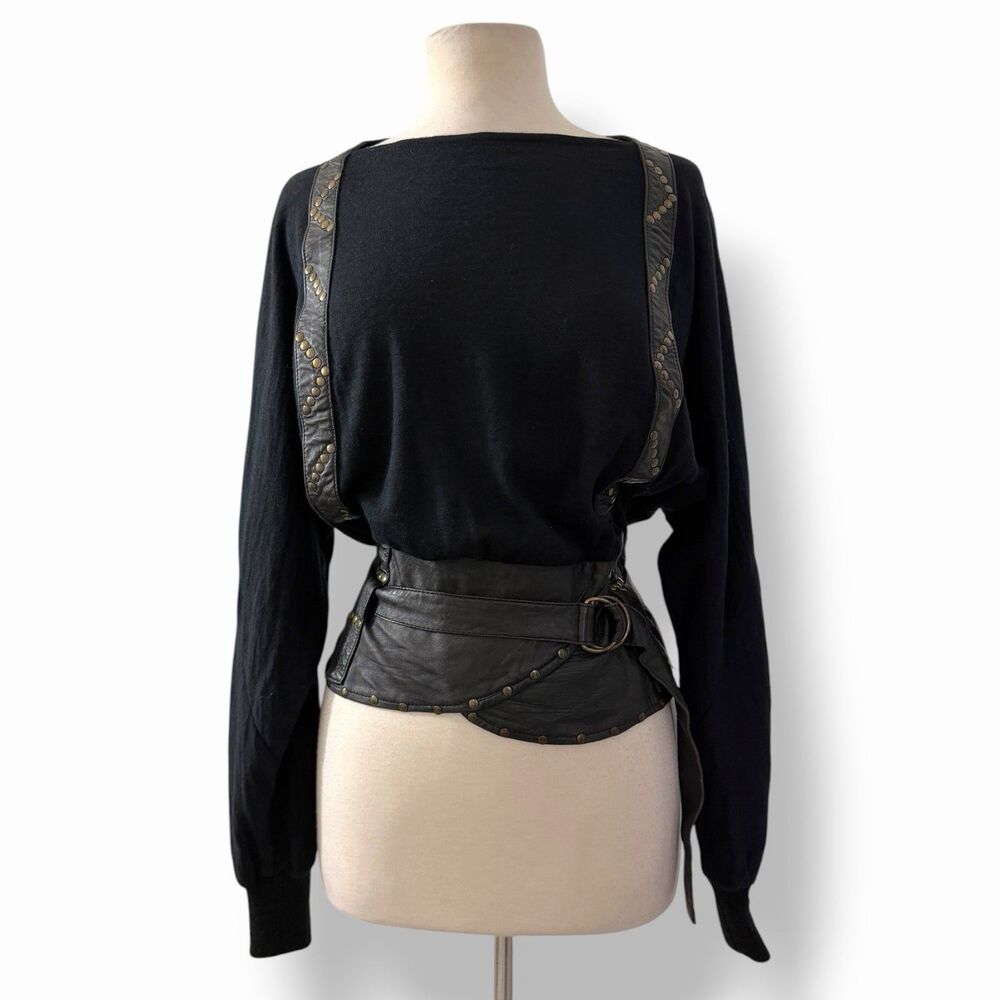 VTG 80s Les Terribles Paris Studded Genuine Leather Harness Corset Top Small